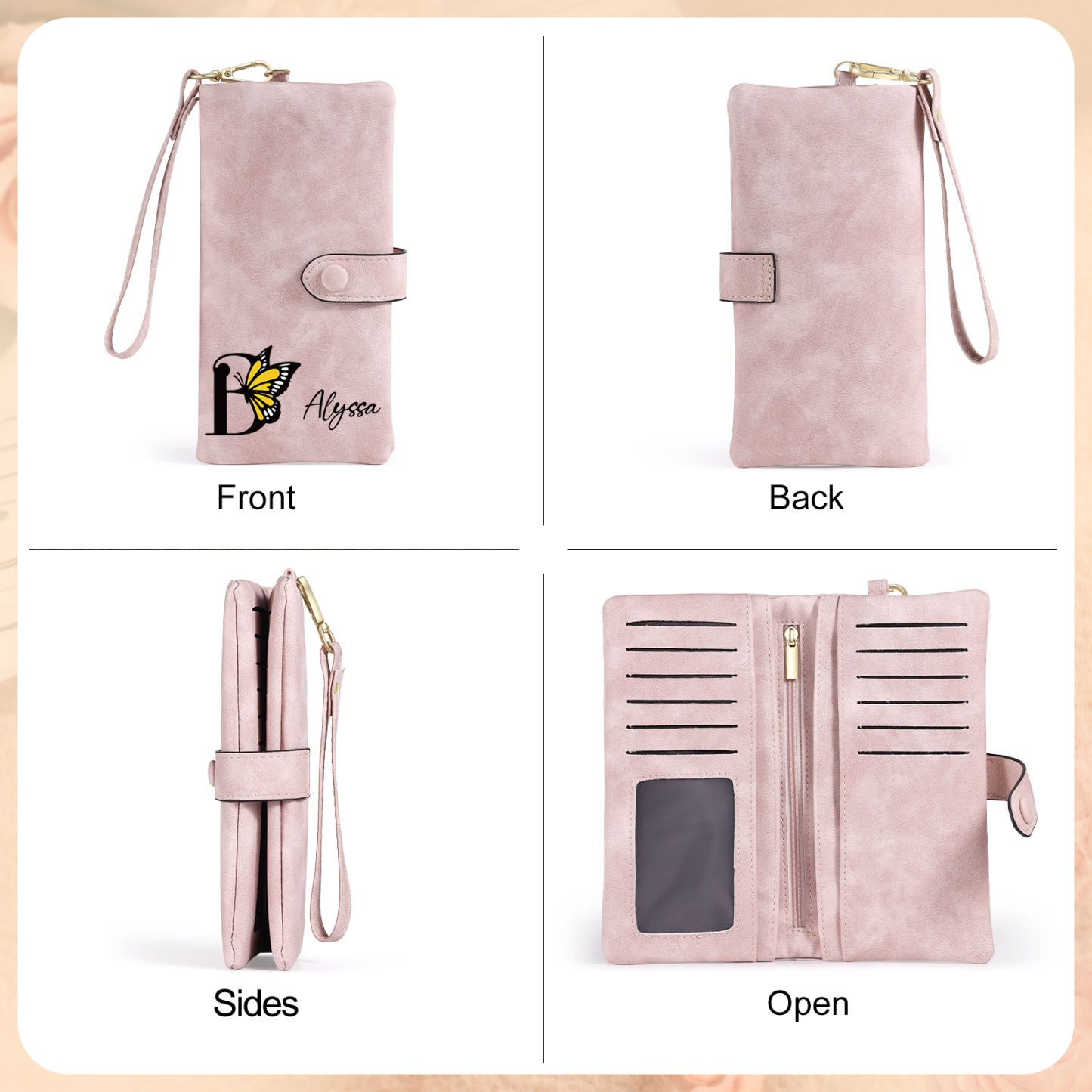 Personalised Name & Initial PU Leather Purse, Custom Long Wallet Gift For Her | Jessemade