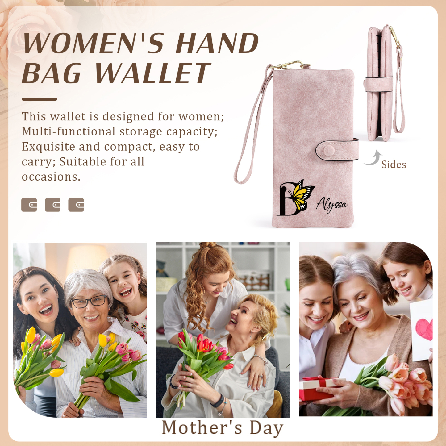 Personalised Name & Initial PU Leather Purse, Custom Long Wallet Gift For Her | Jessemade