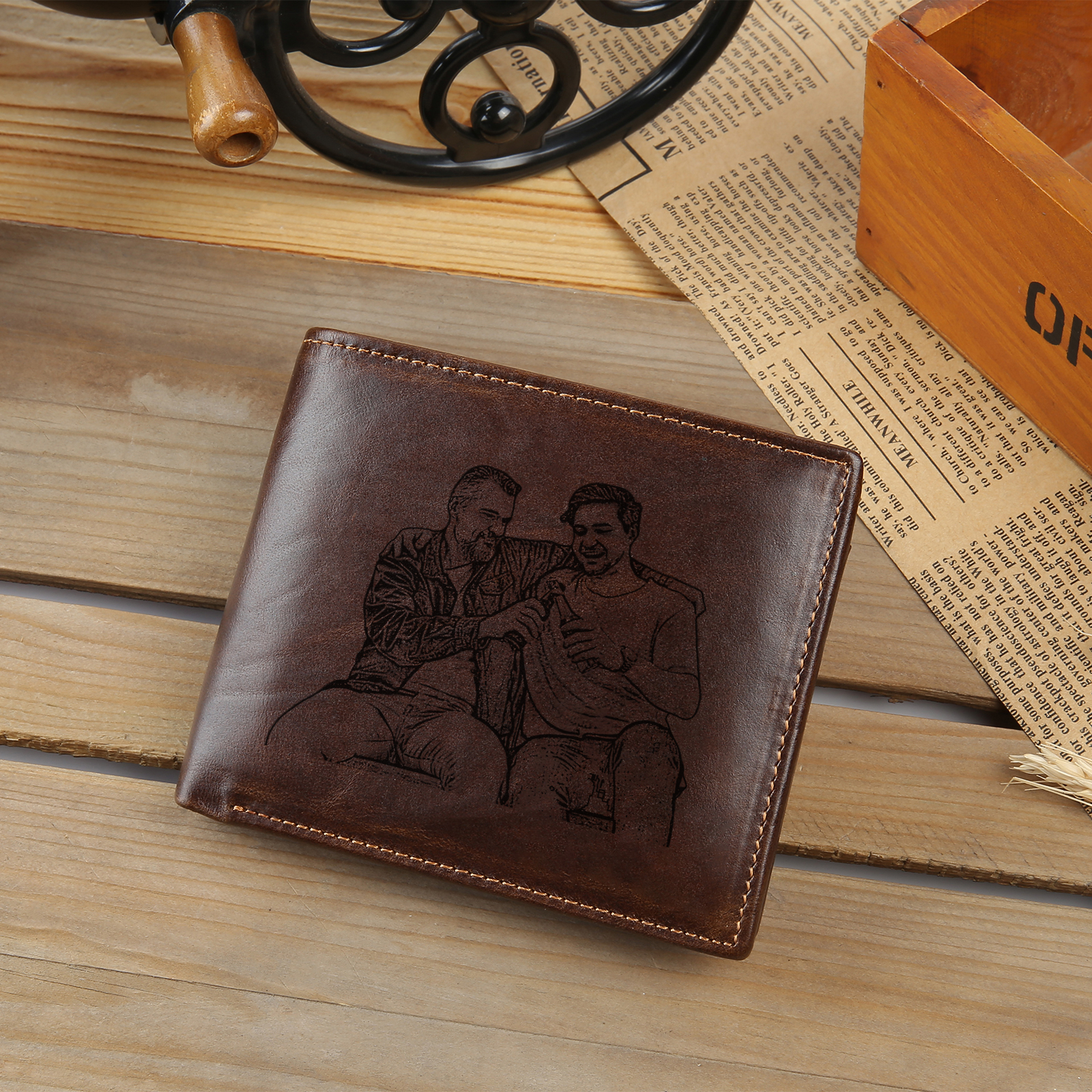 Personalized Leather Wallet for Men – Custom 1 Photo & 1 Name Engravin
