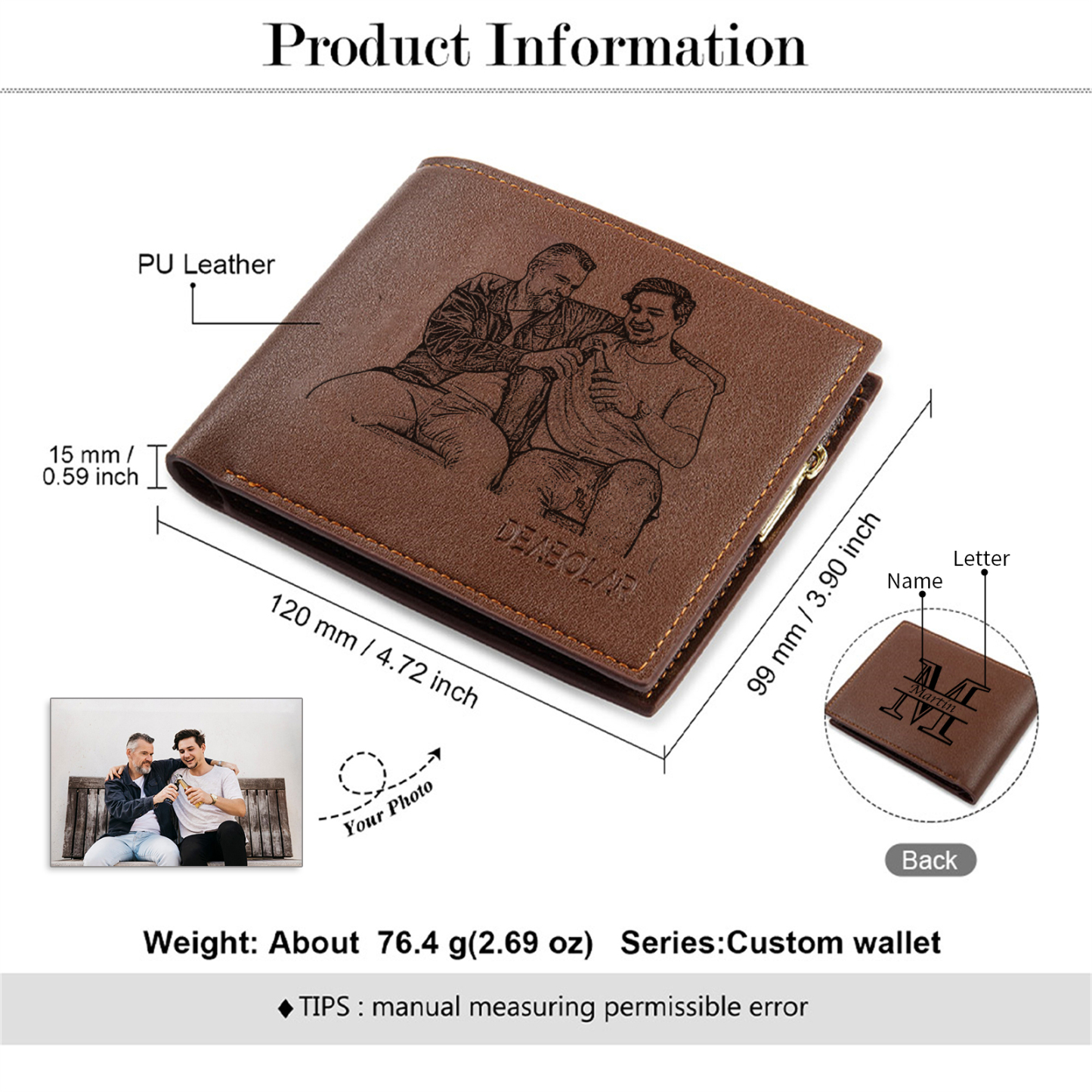 Personalized Leather Wallet for Men – Custom 1 Photo & 1 Name Engraving | Lorajewel