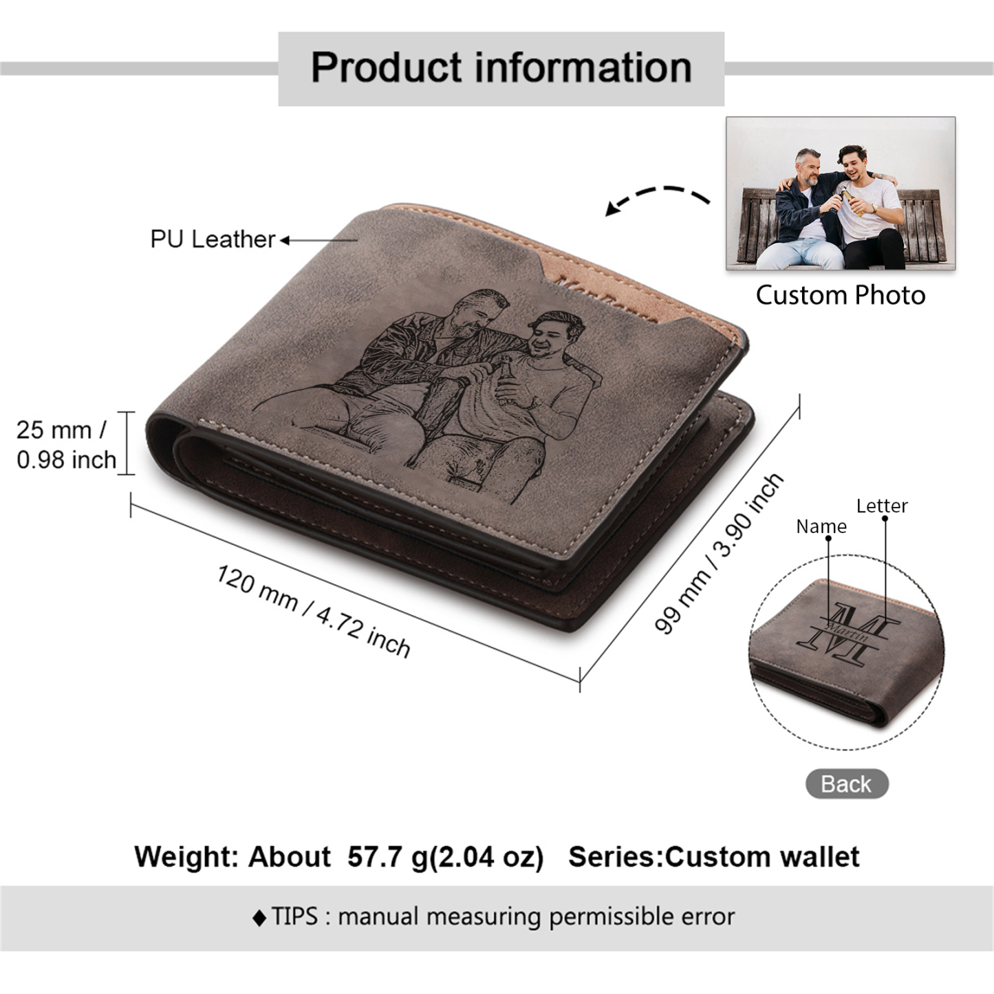 Personalized Leather Wallet for Men – Custom 1 Photo & 1 Name Engraving | Lorajewel