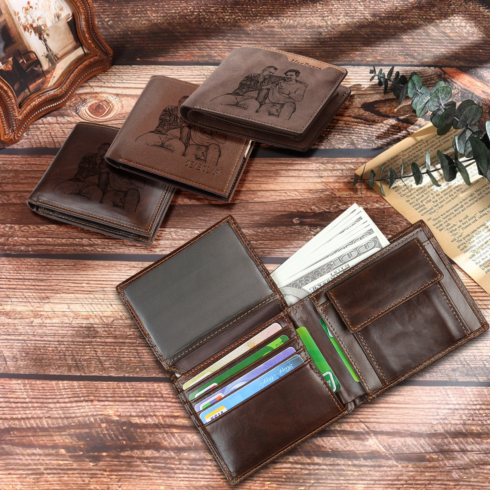Personalized Leather Wallet for Men – Custom 1 Photo & 1 Name Engraving | Lorajewel