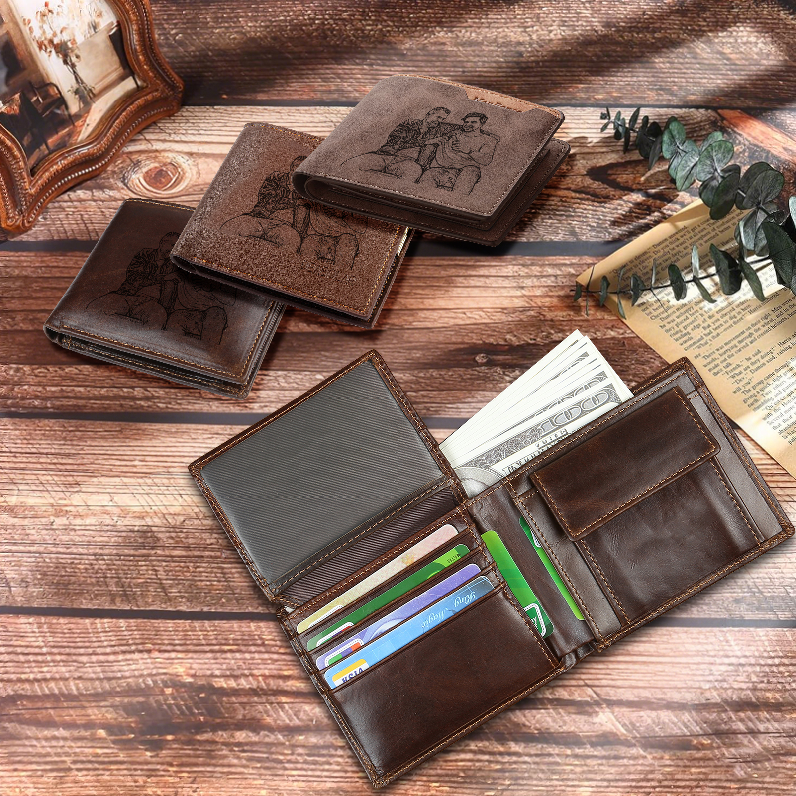 Personalized Leather Wallet for Men – Custom 1 Photo & 1 Name Engraving | Lorajewel