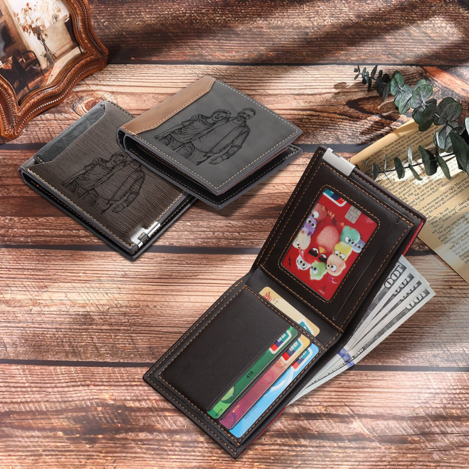 Personalized Leather Wallet for Men – Custom 1 Photo & 1 Name Engraving | Lorajewel