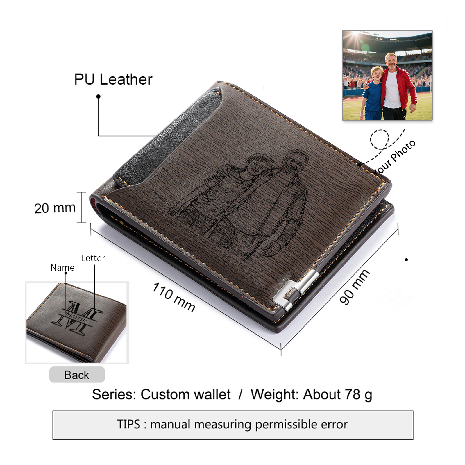 Personalized Leather Wallet for Men – Custom 1 Photo & 1 Name Engraving | Lorajewel