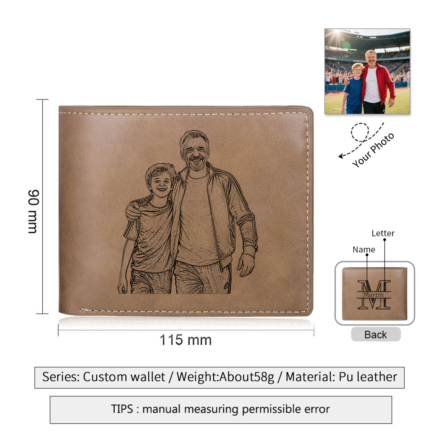 Personalized Leather Wallet for Men – Custom 1 Photo & 1 Name Engraving | Lorajewel