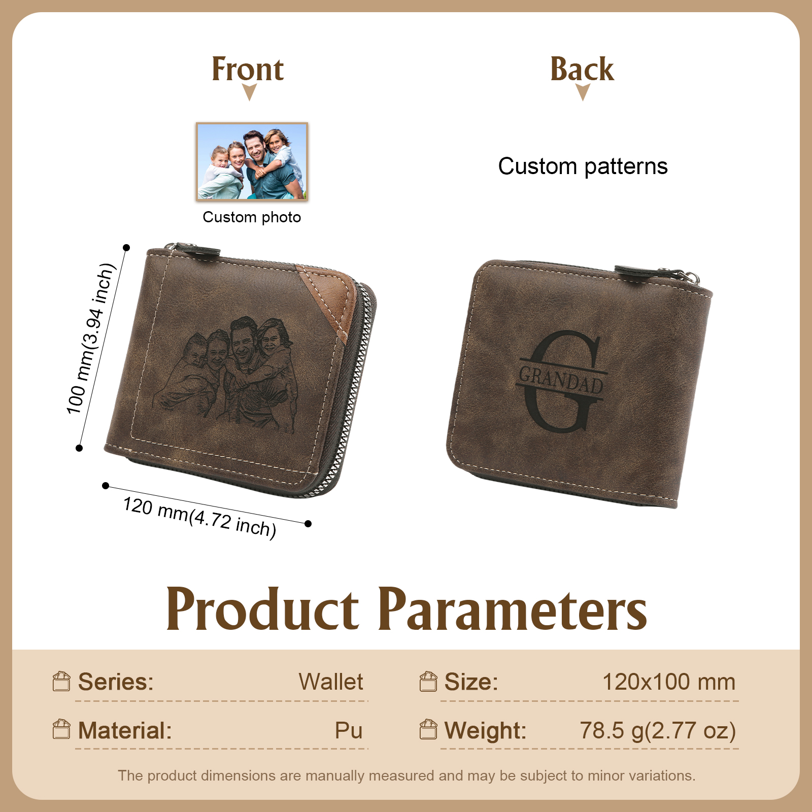 Personalized Engraved Photo Wallet for Men – Custom Family Gift with Zip Closure and Monogram | Lorajewel