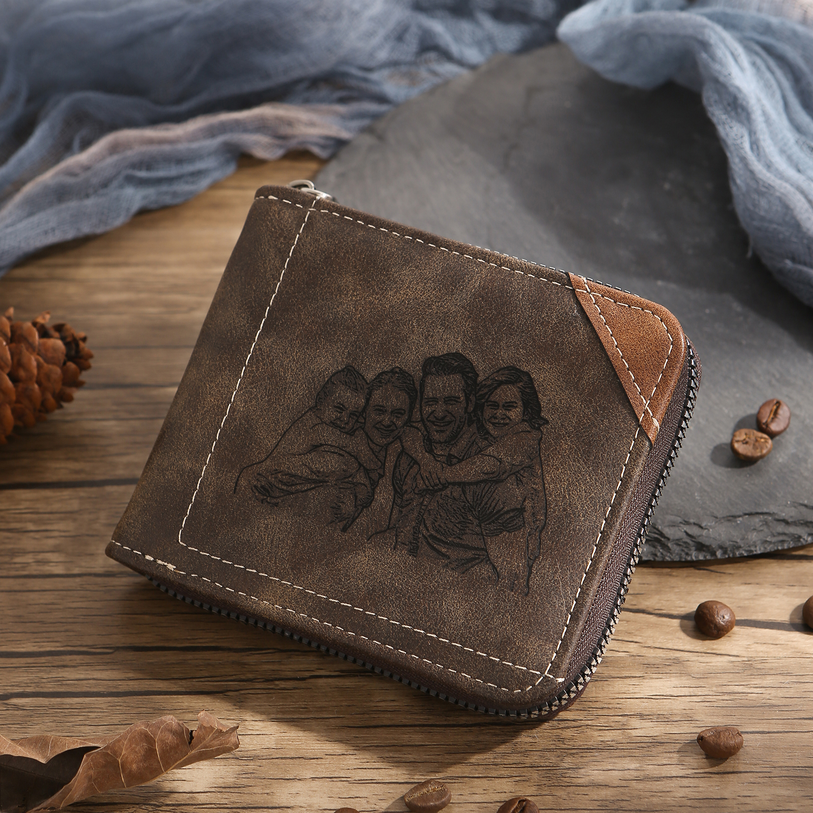 Personalized Engraved Photo Wallet for Men – Custom Family Gift with Zip Closure and Monogram | Lorajewel