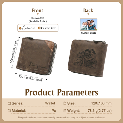 1 Photo & 1 Text Personalized Engraved Photo Wallet for Men – Custom Family Gift with Zip Closure | Lorajewel