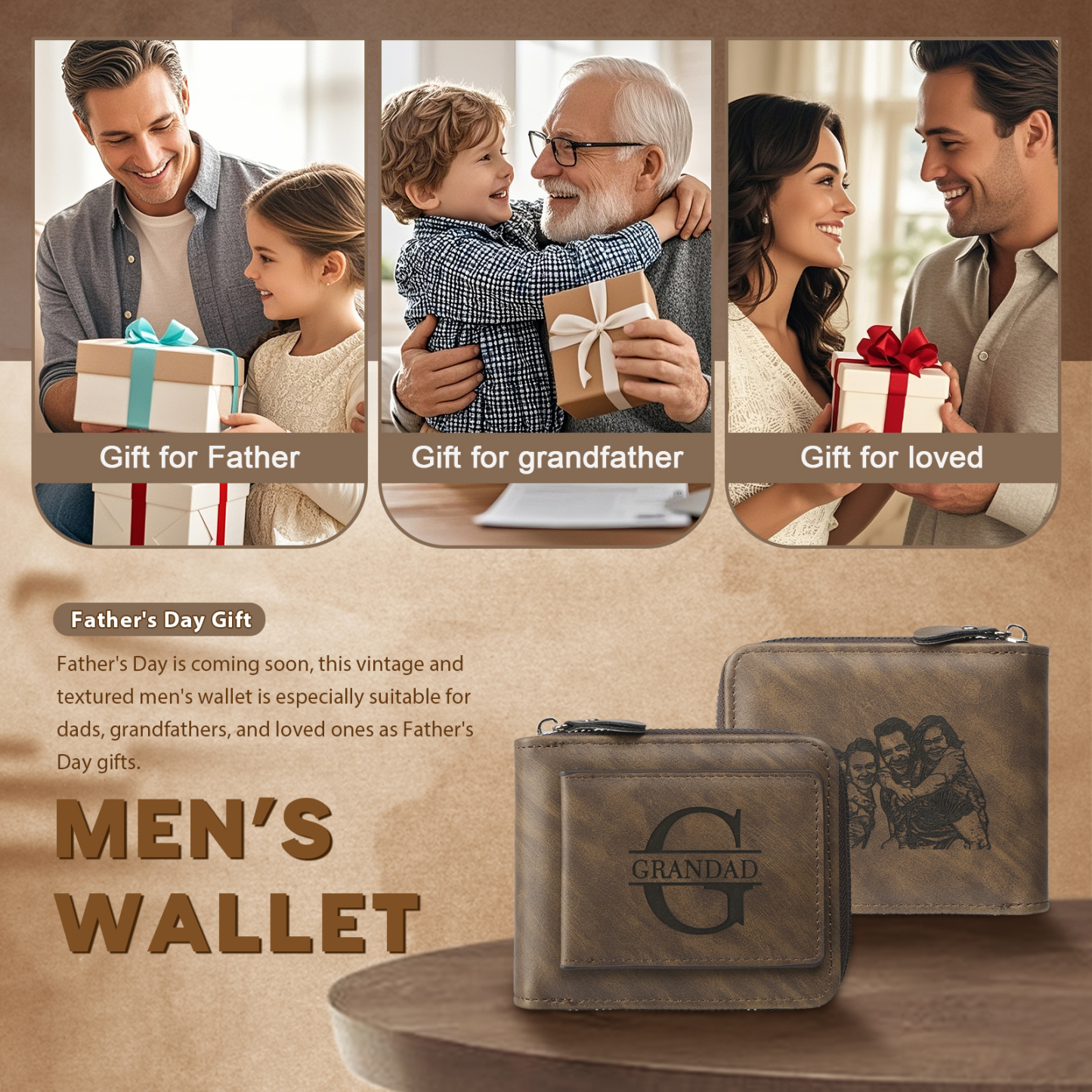 Personalized Leather Men's Wallet with Photo and Name Engraving – Gift for Dad/Husband | Lorajewel