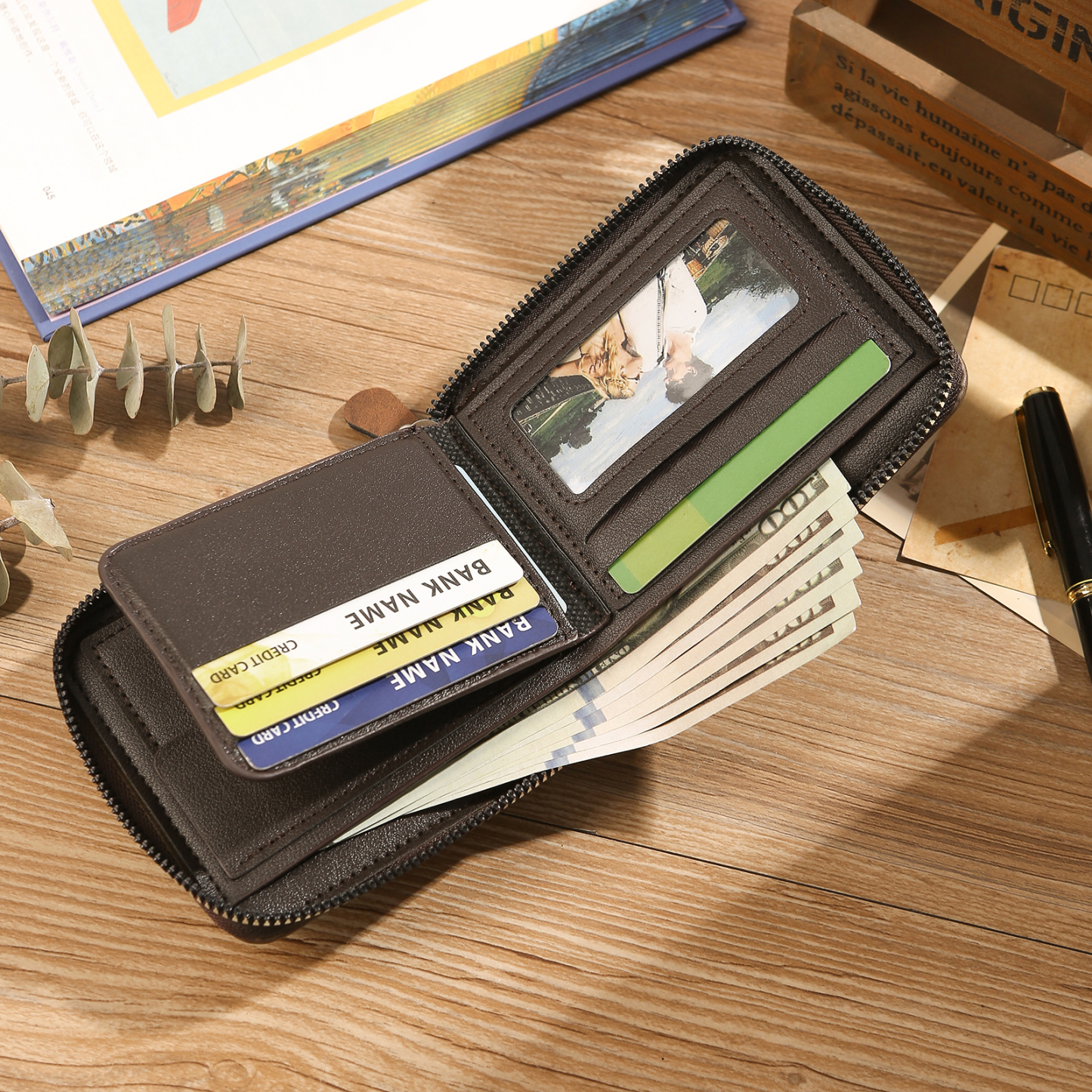 Personalized Leather Men's Wallet with Photo and Name Engraving – Gift for Dad/Husband | Lorajewel