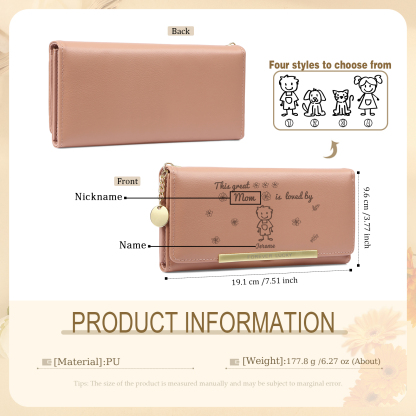 Personalized Women Leather Wallet Purse With Custom 1 Kid And Pet Name –“This Great Mom Is Loved By' - Mother's Day Presents For Mom | Lorajewel
