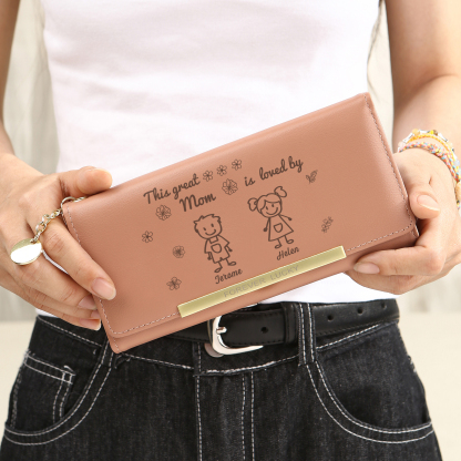 Personalized Women Leather Wallet Purse With Custom 2 Kids And Pets Names –“This Great Mom Is Loved By' - Mother's Day Presents For Mom | Lorajewel