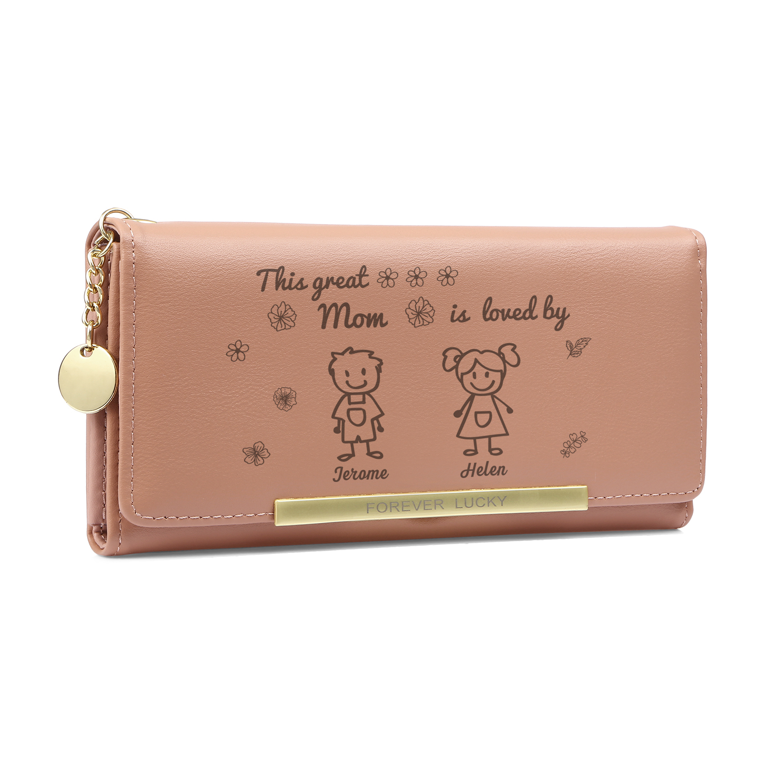 Personalized Women Leather Wallet Purse With Custom 2 Kids And Pets Names –“This Great Mom Is Loved By' - Mother's Day Presents For Mom | Lorajewel
