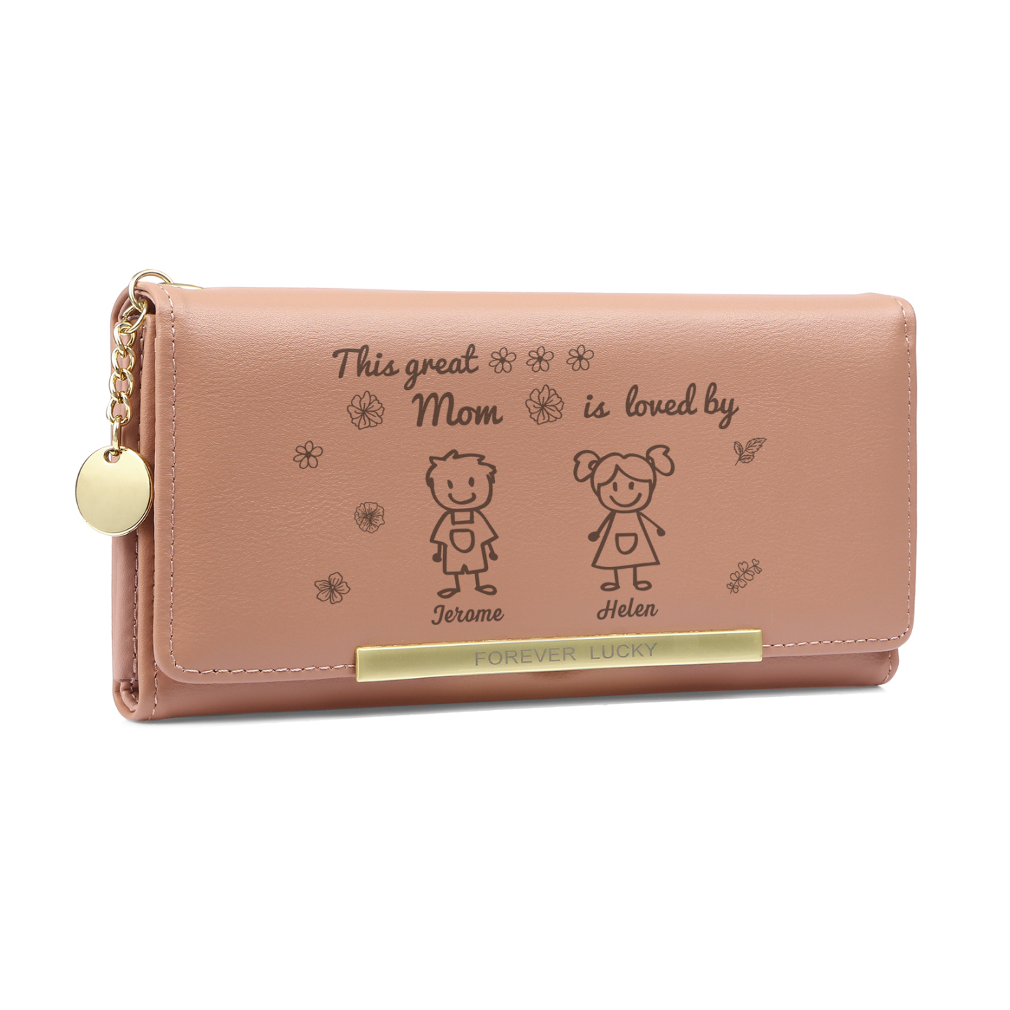 Personalized Women Leather Wallet Purse With Custom 2 Kids And Pets Na