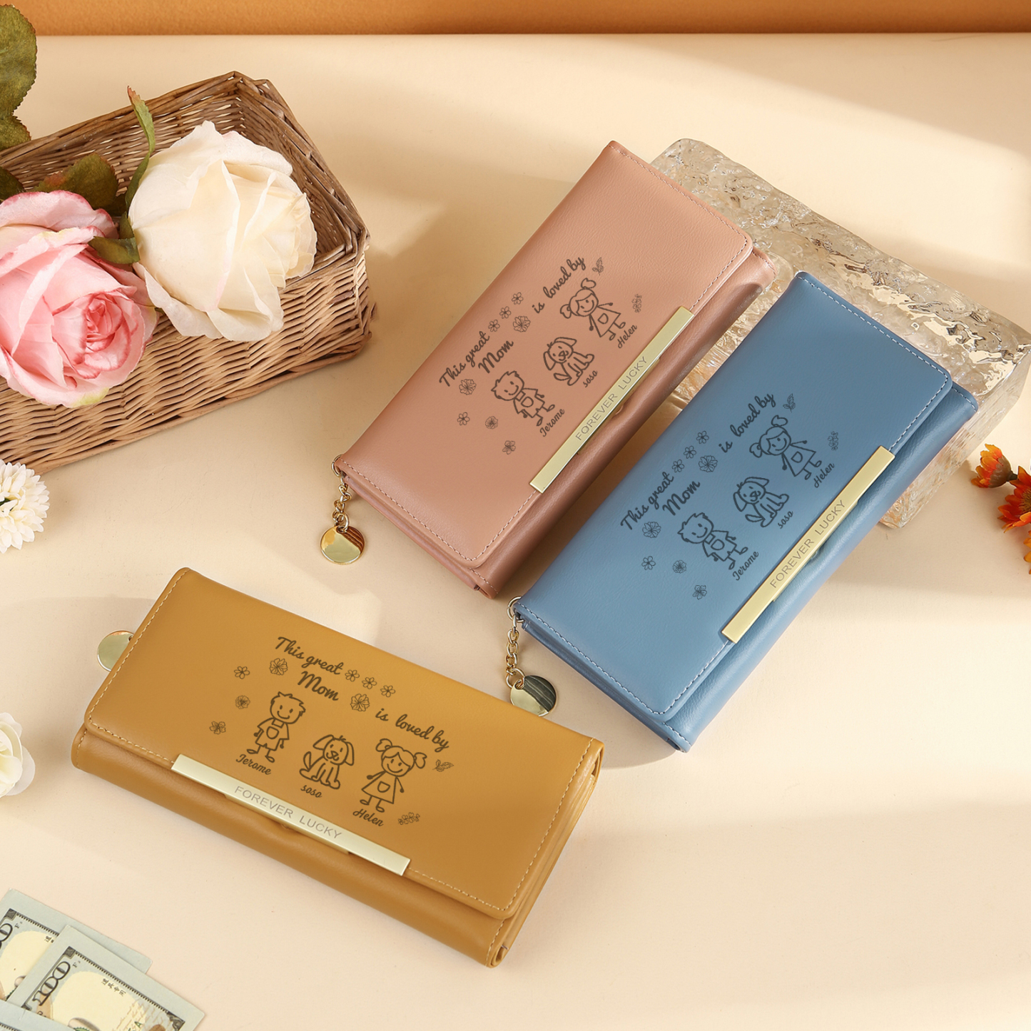 Personalized Women Leather Wallet Purse With Custom 3 Kids And Pets Names –“This Great Mom Is Loved By' - Mother's Day Presents For Mom | Lorajewel