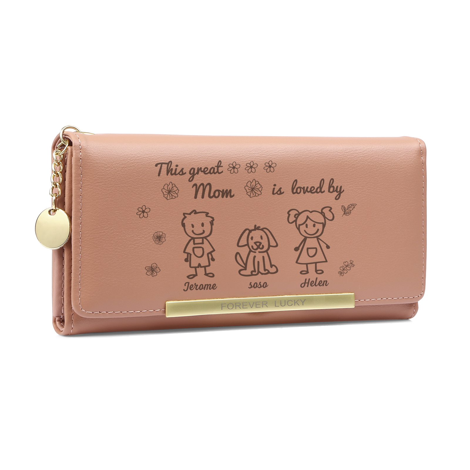 Personalized Women Leather Wallet Purse With Custom 3 Kids And Pets Na