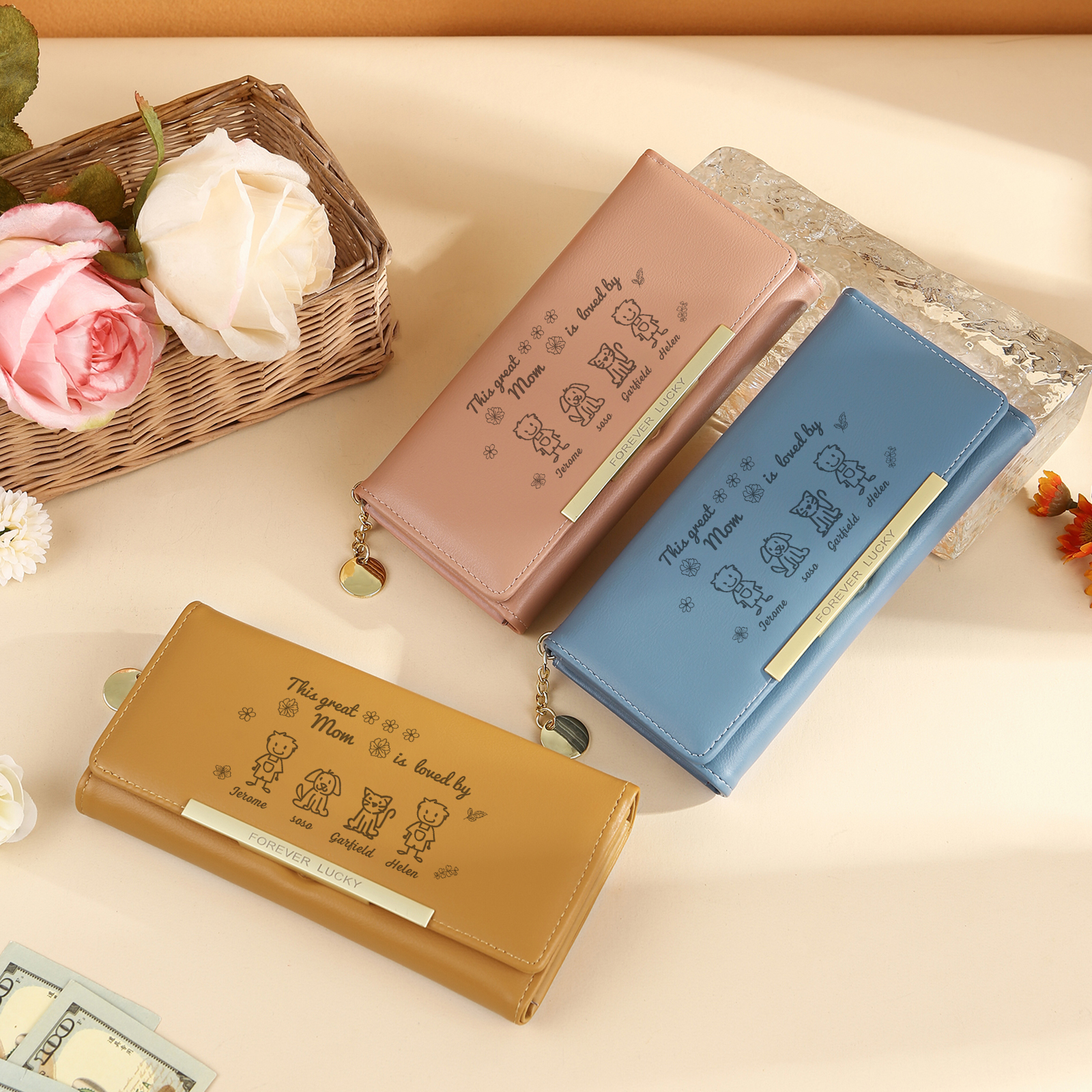 Personalized Women Leather Wallet Purse With Custom 4 Kids And Pets Names –“This Great Mom Is Loved By' - Mother's Day Presents For Mom | Lorajewel