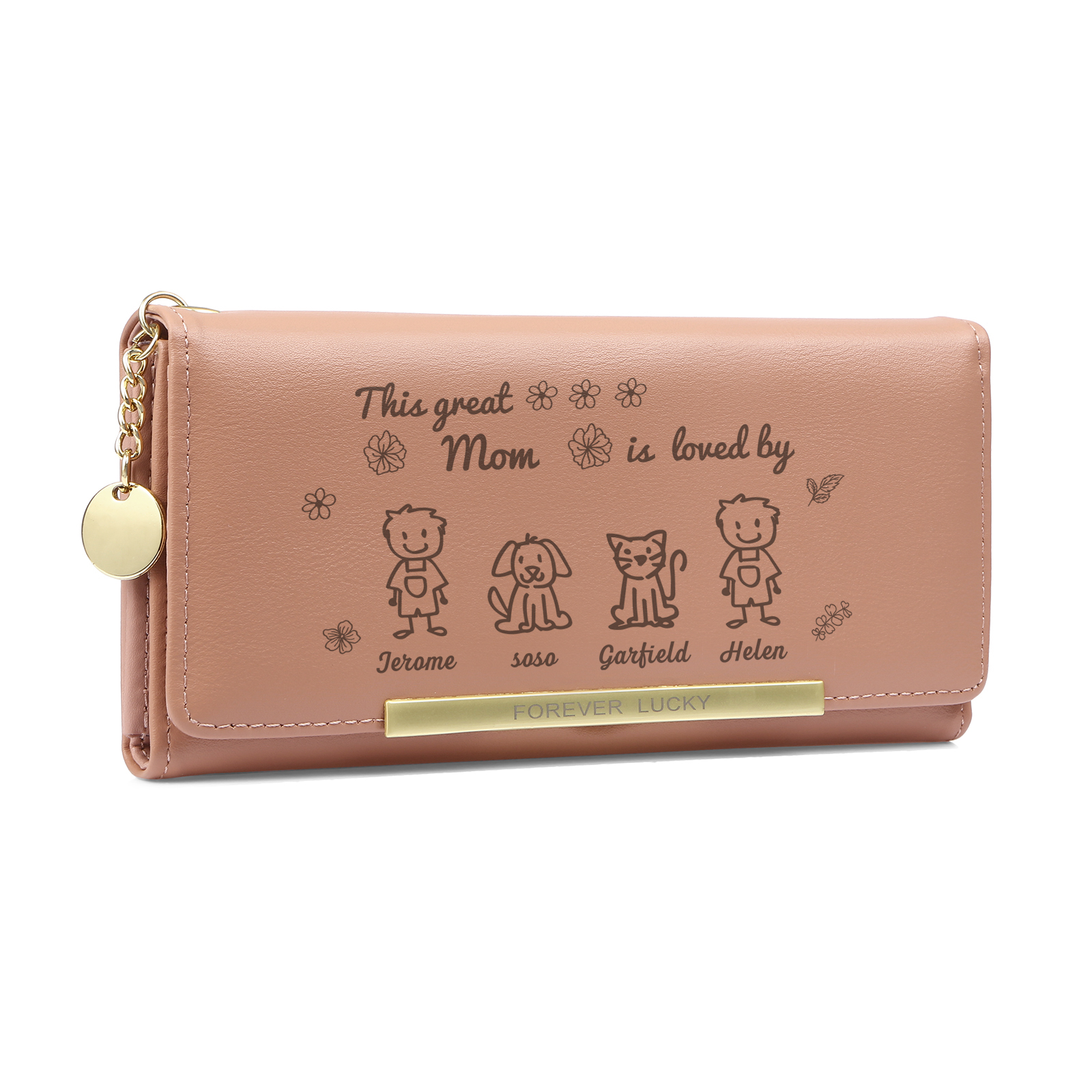 Personalized Women Leather Wallet Purse With Custom 4 Kids And Pets Names –“This Great Mom Is Loved By' - Mother's Day Presents For Mom | Lorajewel