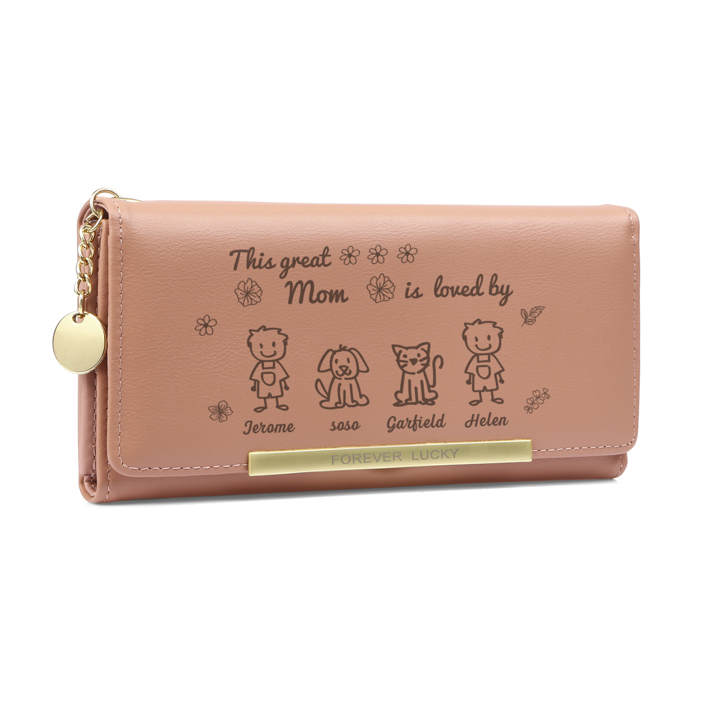 Personalized Women Leather Wallet Purse With Custom 4 Kids And Pets Names –“This Great Mom Is Loved By' - Mother's Day Presents For Mom | Lorajewel