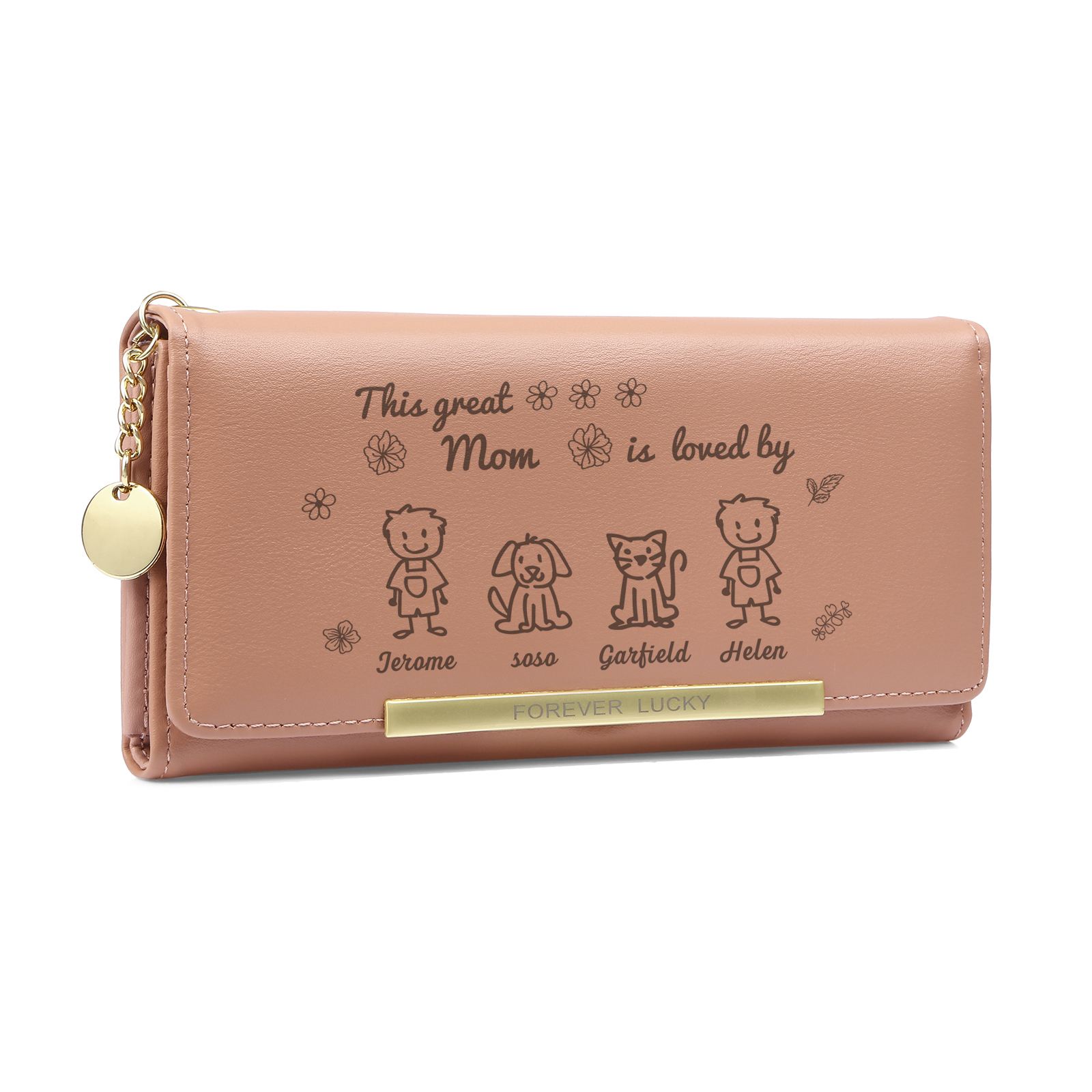 Personalized Women Leather Wallet Purse With Custom 4 Kids And Pets Names –“This Great Mom Is Loved By' - Mother's Day Presents For Mom | Lorajewel
