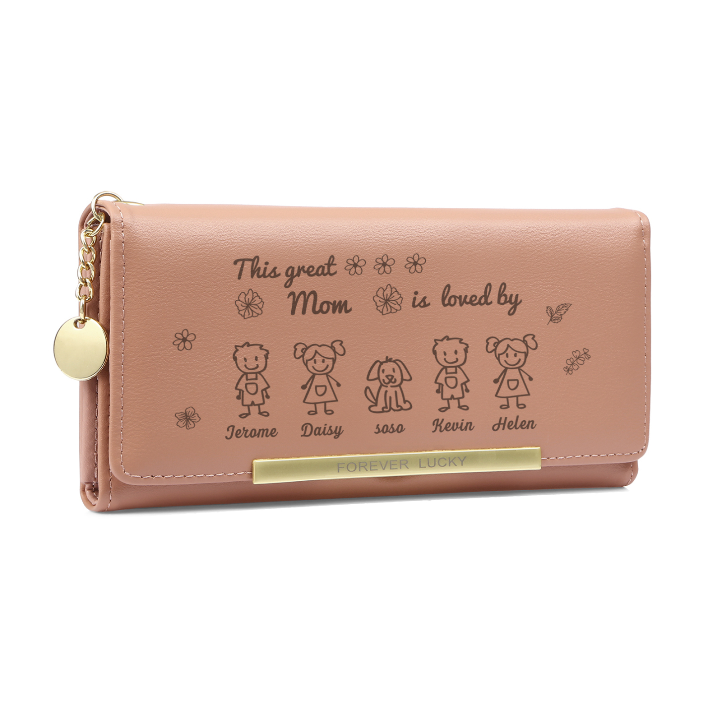 Personalized Women Leather Wallet Purse With Custom 5 Kids And Pets Na