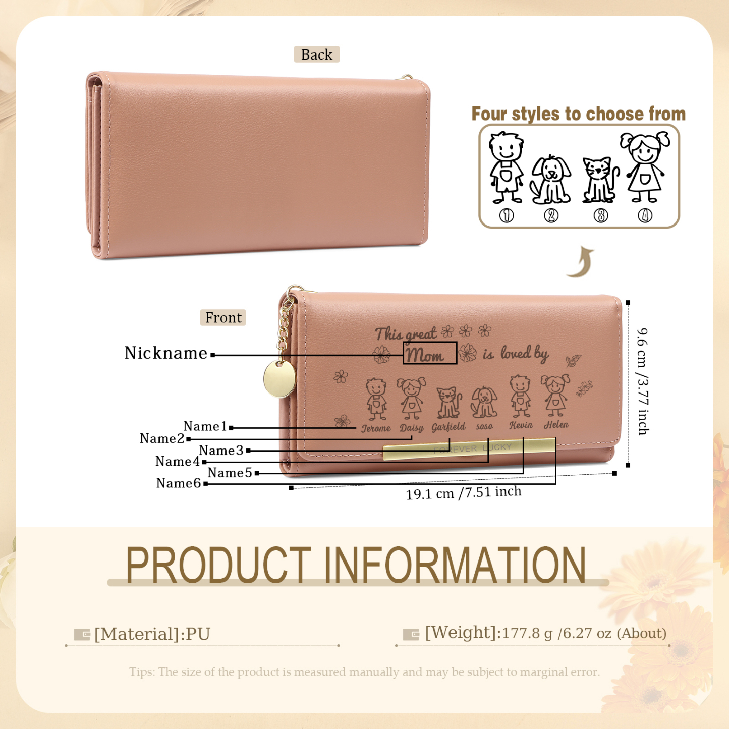 Personalized Women Leather Wallet Purse With Custom 6 Kids And Pets Names –“This Great Mom Is Loved By' - Mother's Day Presents For Mom | Lorajewel