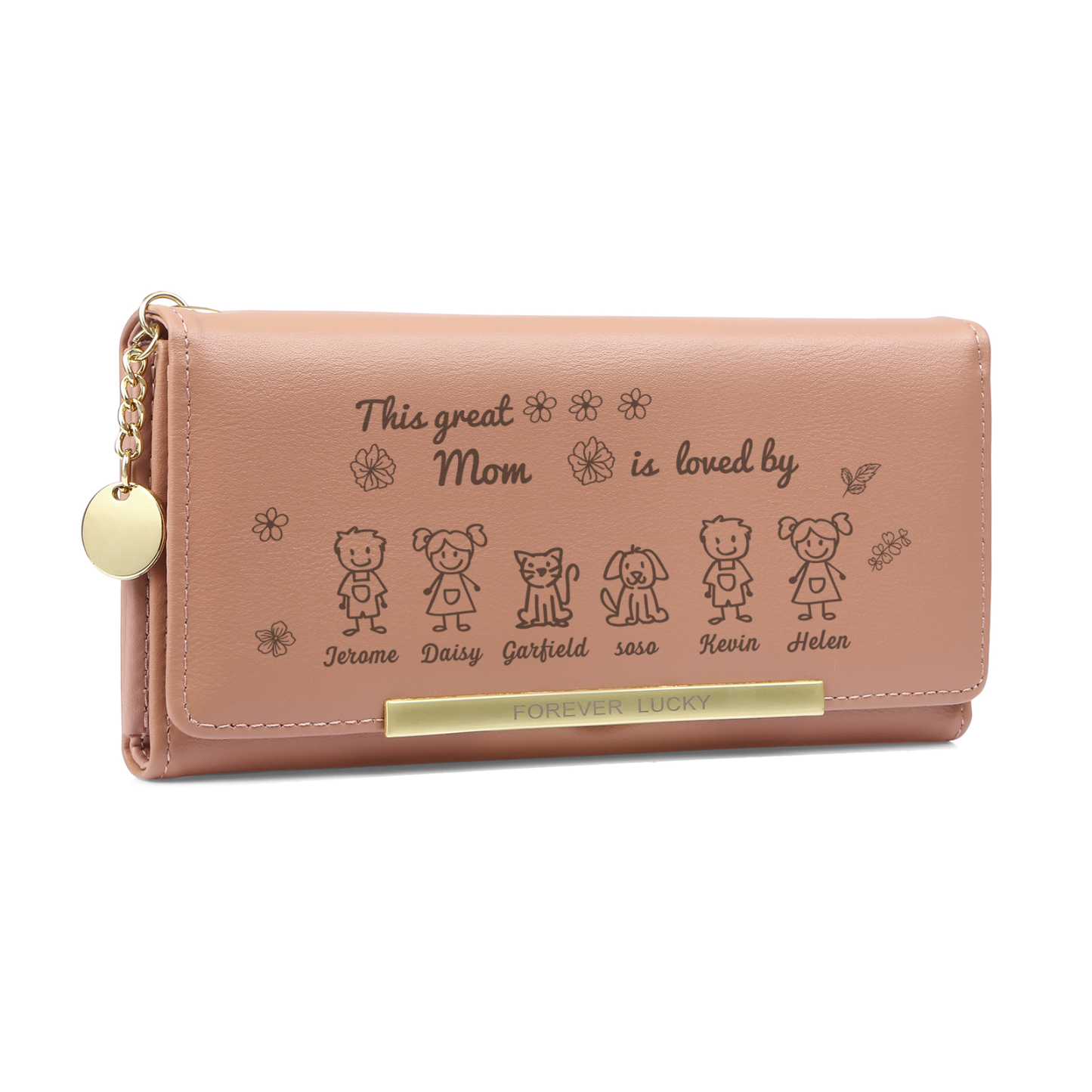 Personalized Leather Women Wallet Purse With Cus6 Kids And Pets Names