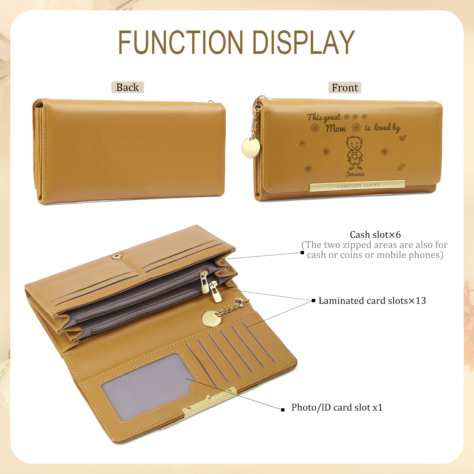 Personalized Women Leather Wallet Purse With Custom 1 Kid And Pet Name –“This Great Mom Is Loved By' - Mother's Day Presents For Mom | Lorajewel