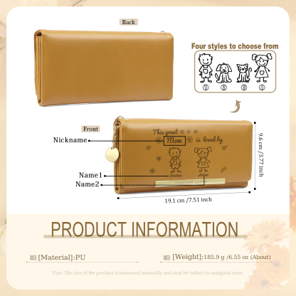 Personalized Women Leather Wallet Purse With Custom 2 Kids And Pets Names –“This Great Mom Is Loved By' - Mother's Day Presents For Mom | Lorajewel