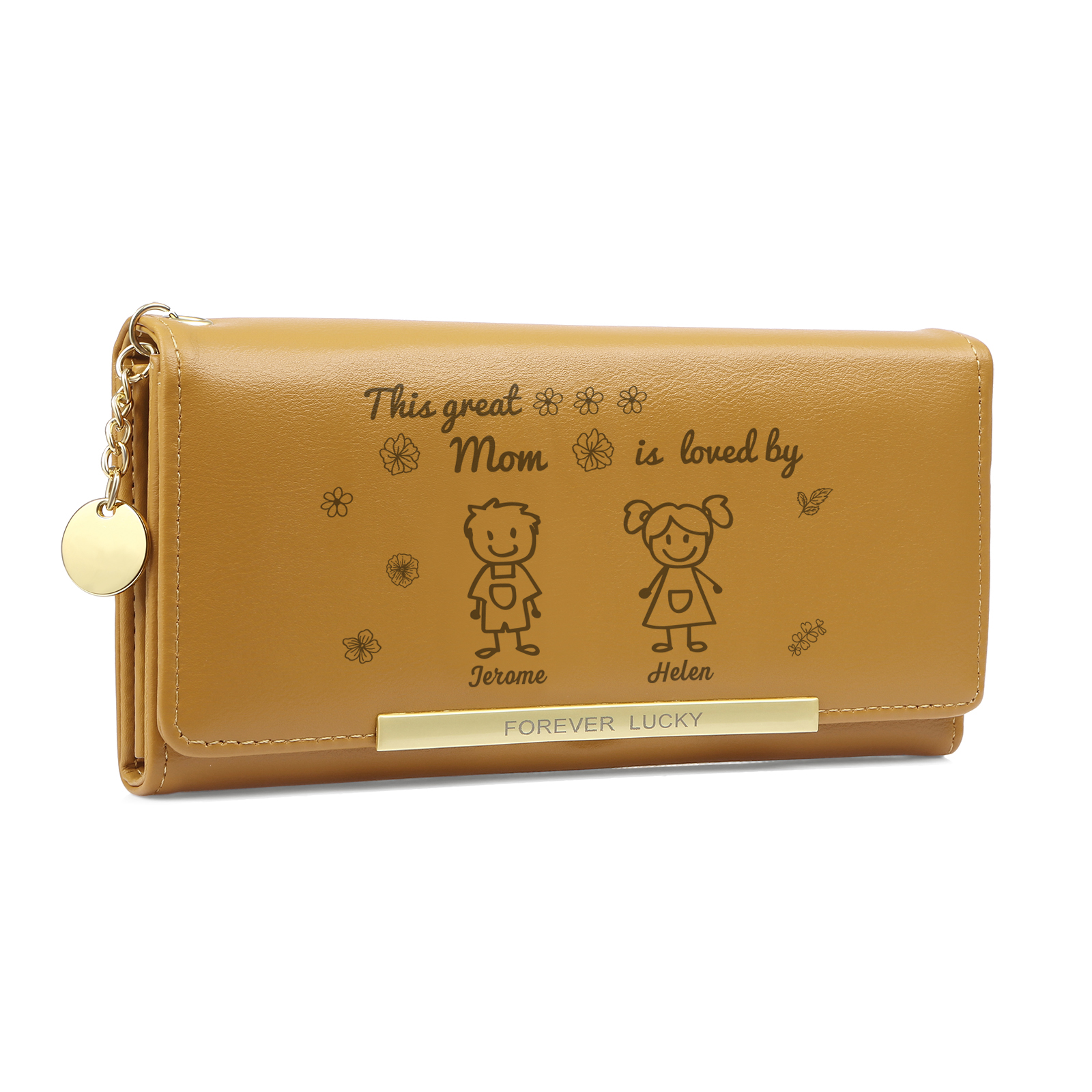 Personalized Women Leather Wallet Purse With Custom 2 Kids And Pets Names –“This Great Mom Is Loved By' - Mother's Day Presents For Mom | Lorajewel