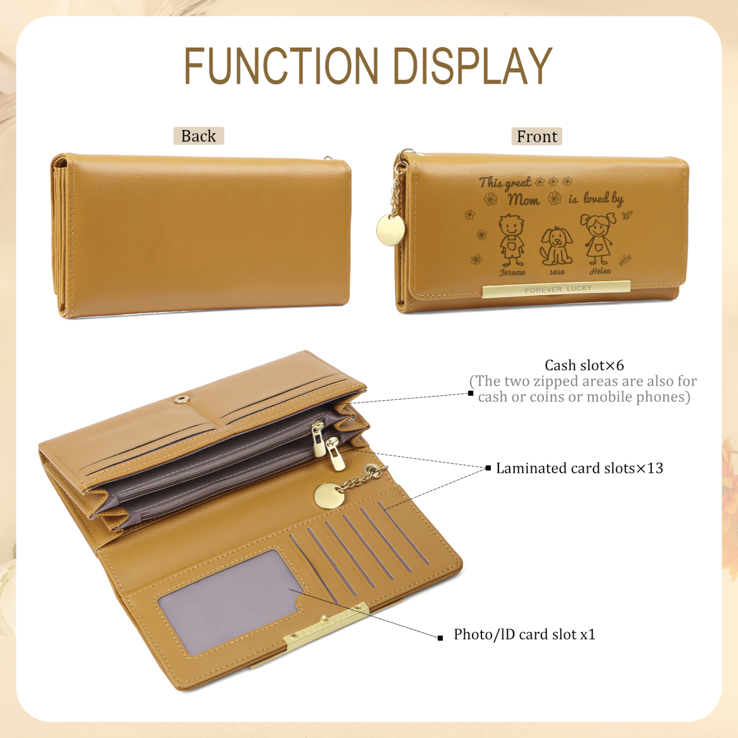 Personalized Women Leather Wallet Purse With Custom 3 Kids And Pets Names –“This Great Mom Is Loved By' - Mother's Day Presents For Mom | Lorajewel