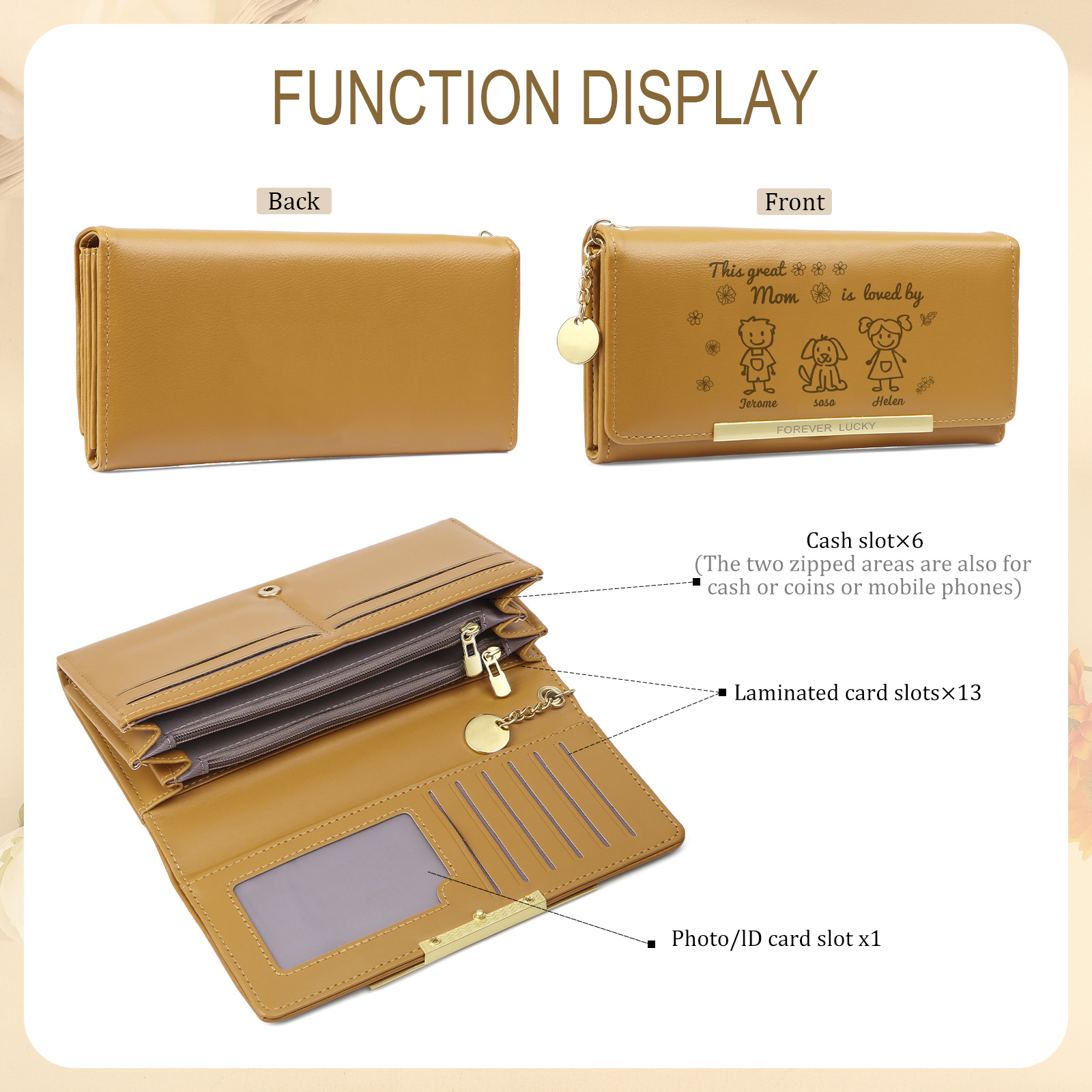 Personalized Women Leather Wallet Purse With Custom 3 Kids And Pets Names –“This Great Mom Is Loved By' - Mother's Day Presents For Mom | Lorajewel