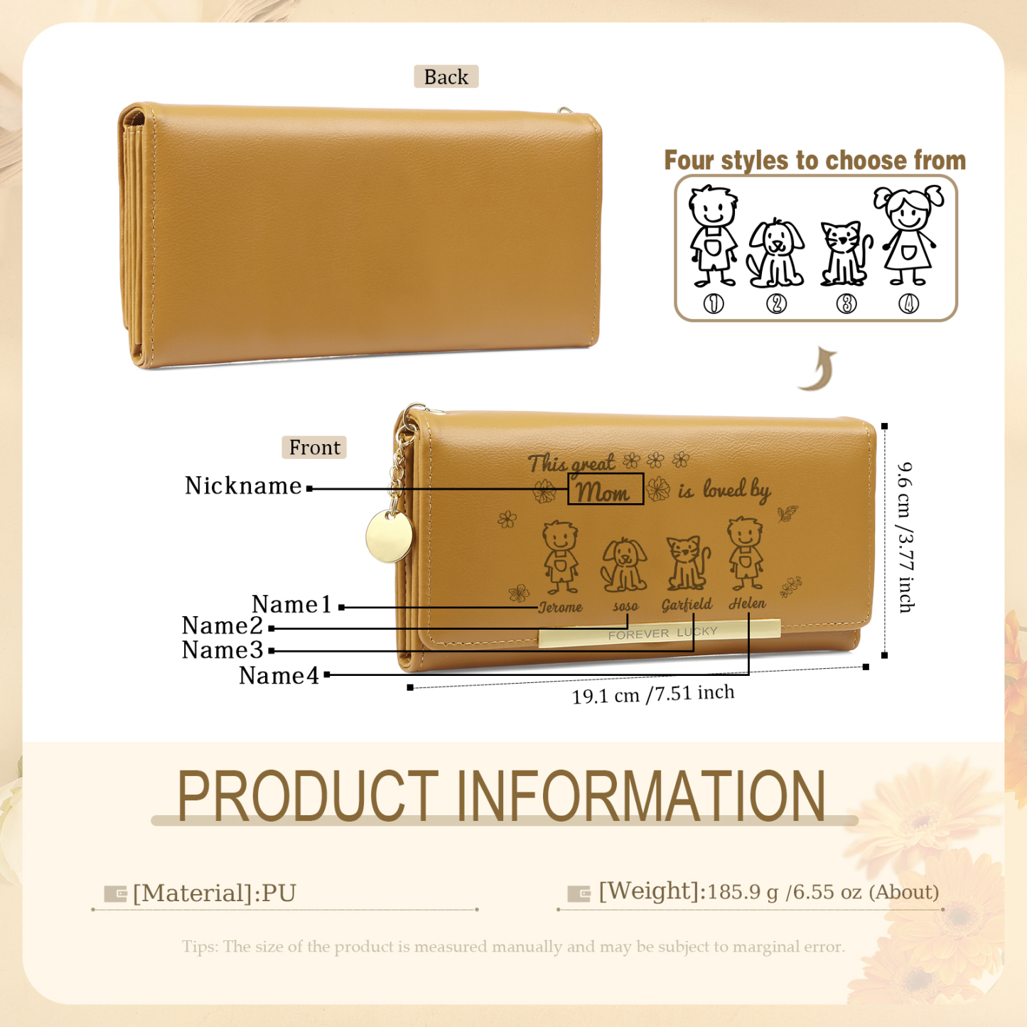 Personalized Women Leather Wallet Purse With Custom 4 Kids And Pets Names –“This Great Mom Is Loved By' - Mother's Day Presents For Mom | Lorajewel