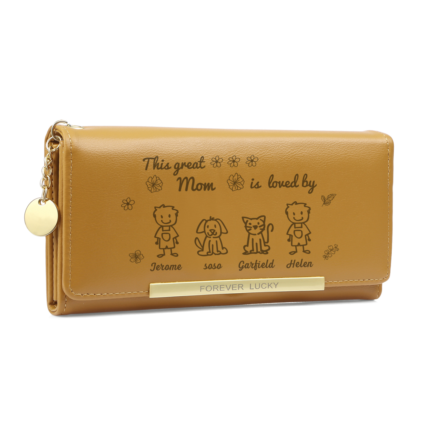 Personalized Women Leather Wallet Purse With Custom 4 Kids And Pets Names –“This Great Mom Is Loved By' - Mother's Day Presents For Mom | Lorajewel
