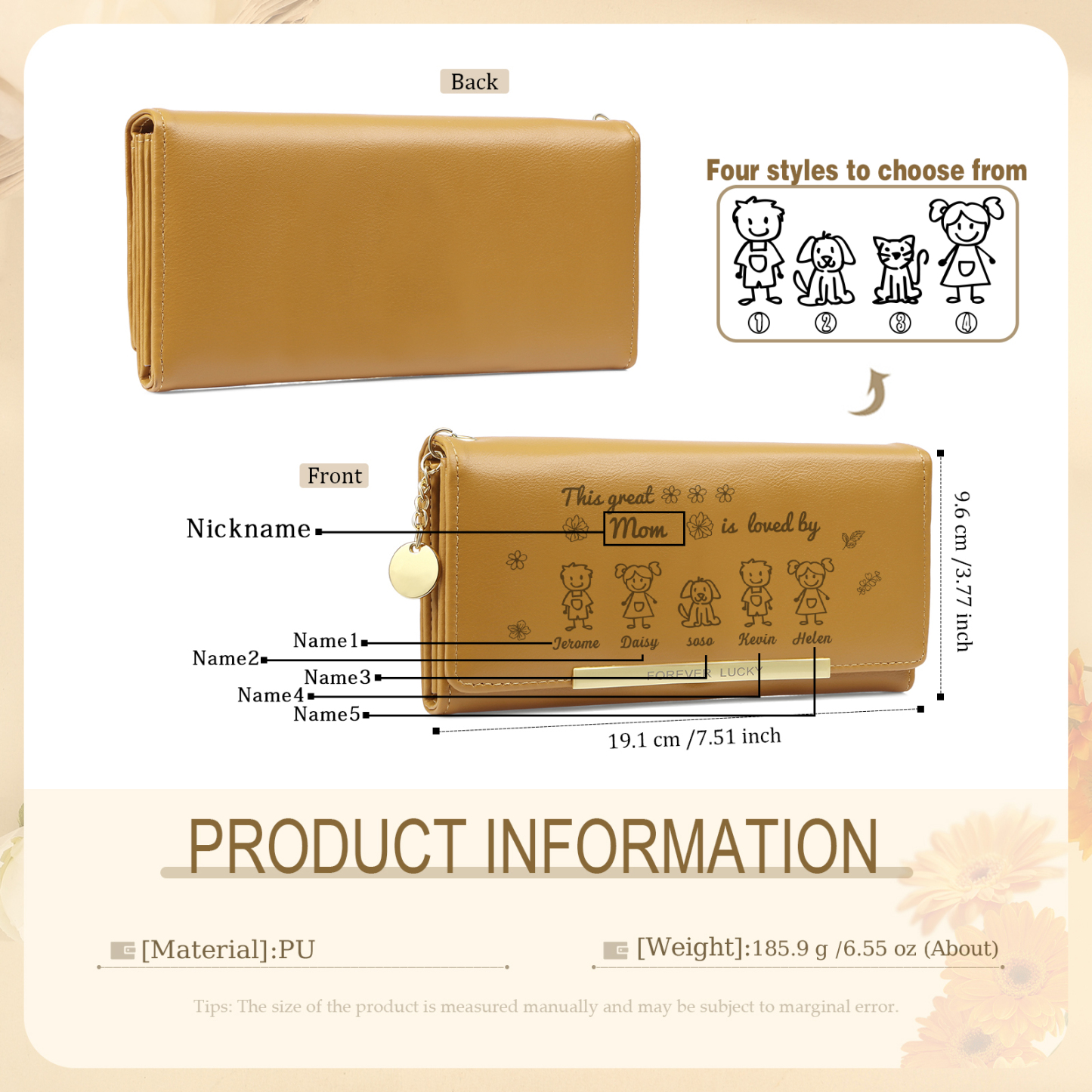 Personalized Women Leather Wallet Purse With Custom 5 Kids And Pets Names –“This Great Mom Is Loved By' - Mother's Day Presents For Mom | Lorajewel