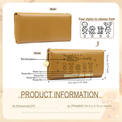 Personalized Women Leather Wallet Purse With Custom 5 Kids And Pets Names –“This Great Mom Is Loved By' - Mother's Day Presents For Mom | Lorajewel