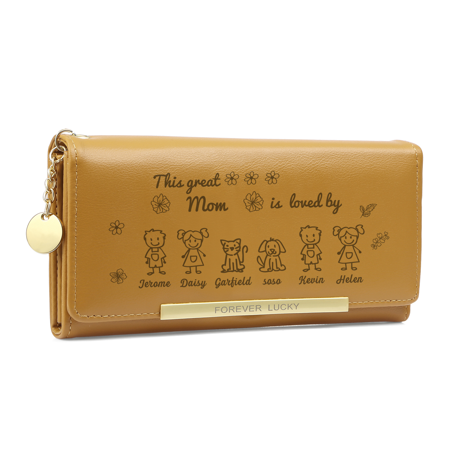Personalized Women Leather Wallet Purse With Custom 6 Kids And Pets Names –“This Great Mom Is Loved By' - Mother's Day Presents For Mom | Lorajewel