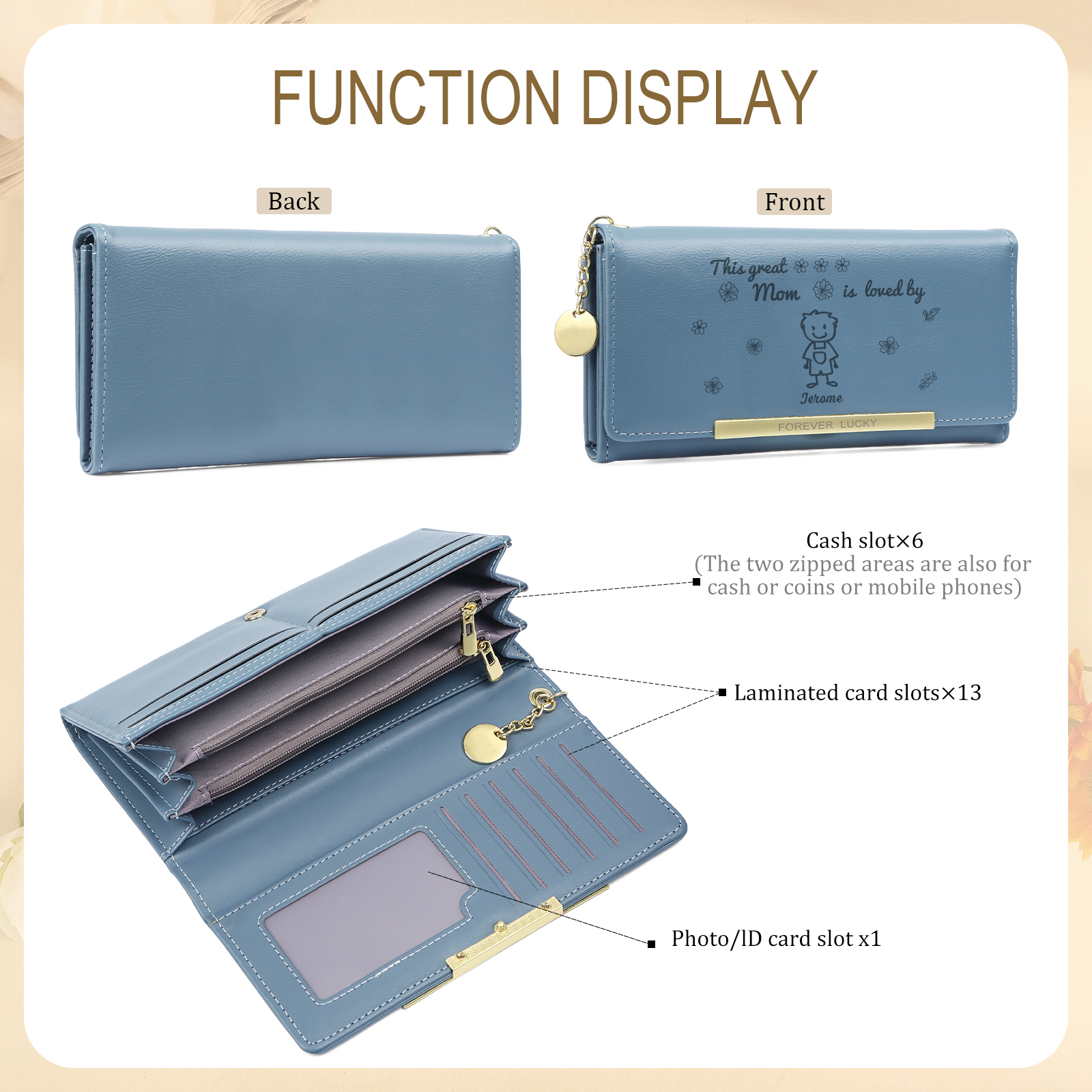 Personalized Women Leather Wallet Purse With Custom 1 Kid And Pet Name –“This Great Mom Is Loved By' - Mother's Day Presents For Mom | Lorajewel