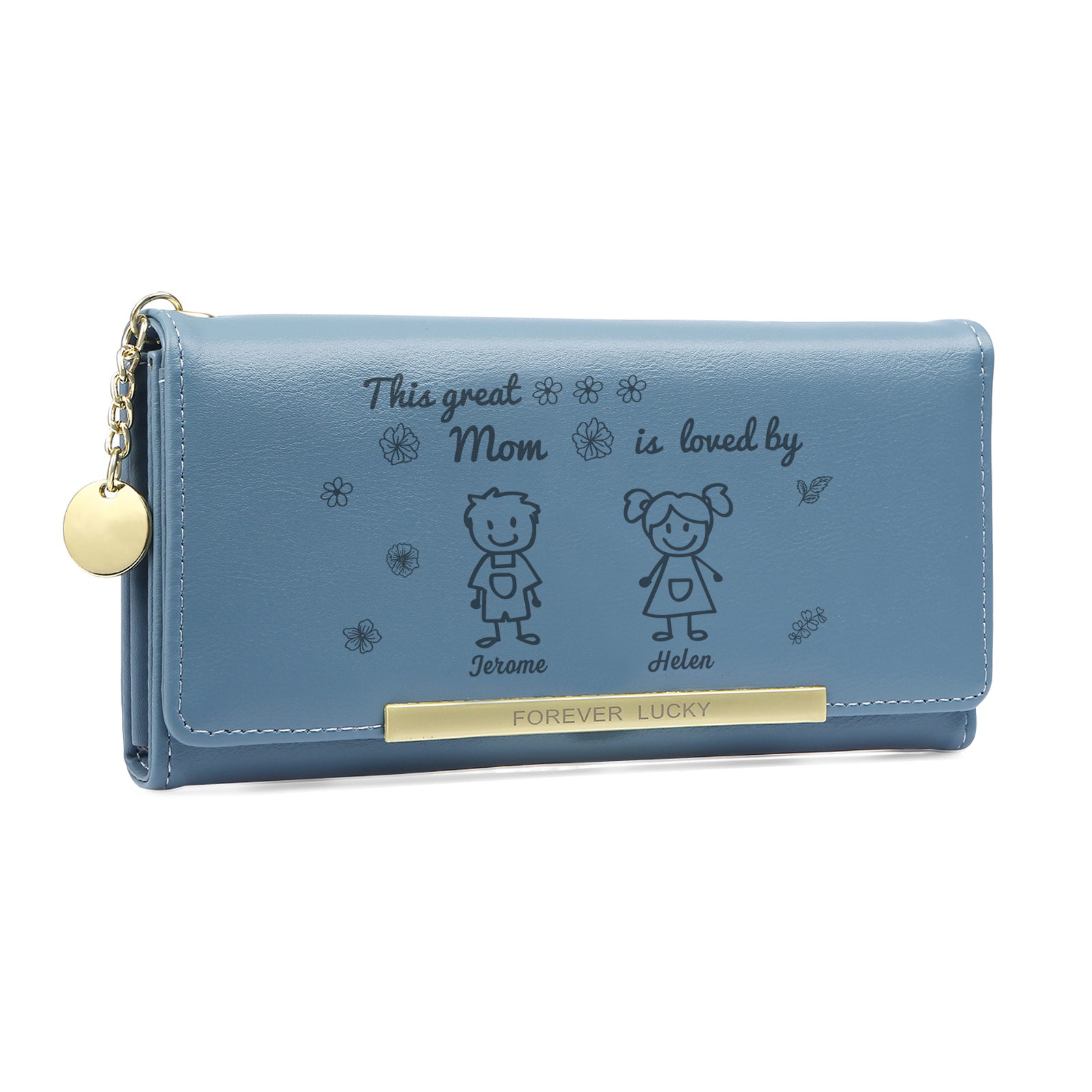 Personalized Women Leather Wallet Purse With Custom 2 Kids And Pets Names –“This Great Mom Is Loved By' - Mother's Day Presents For Mom | Lorajewel