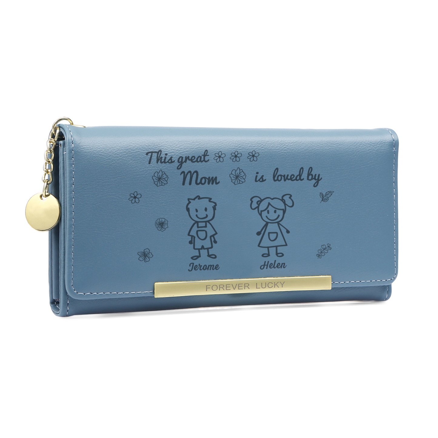 Personalized Women Leather Wallet Purse With Custom 2 Kids And Pets Names –“This Great Mom Is Loved By' - Mother's Day Presents For Mom | Lorajewel