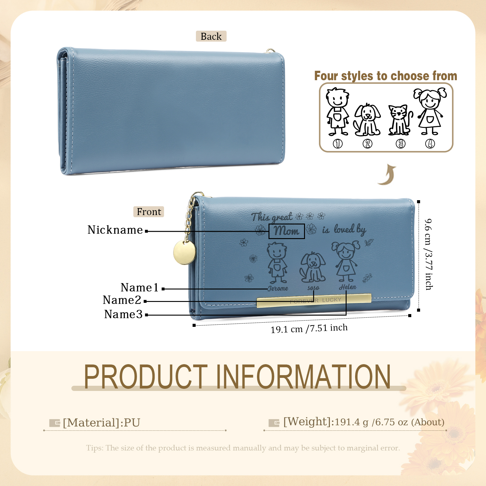 Personalized Women Leather Wallet Purse With Custom 3 Kids And Pets Names –“This Great Mom Is Loved By' - Mother's Day Presents For Mom | Lorajewel