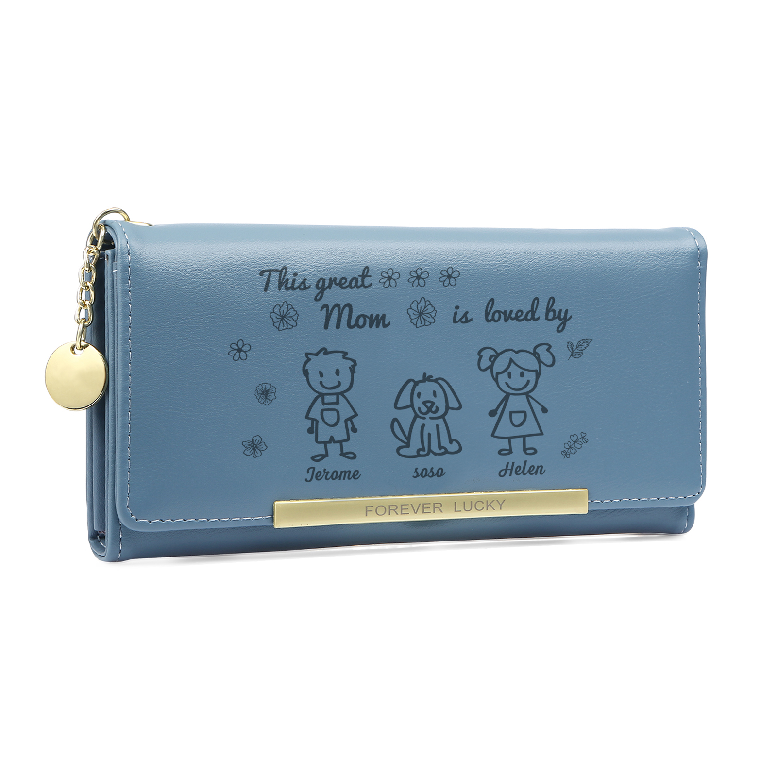 Personalized Women Leather Wallet Purse With Custom 3 Kids And Pets Names –“This Great Mom Is Loved By' - Mother's Day Presents For Mom | Lorajewel