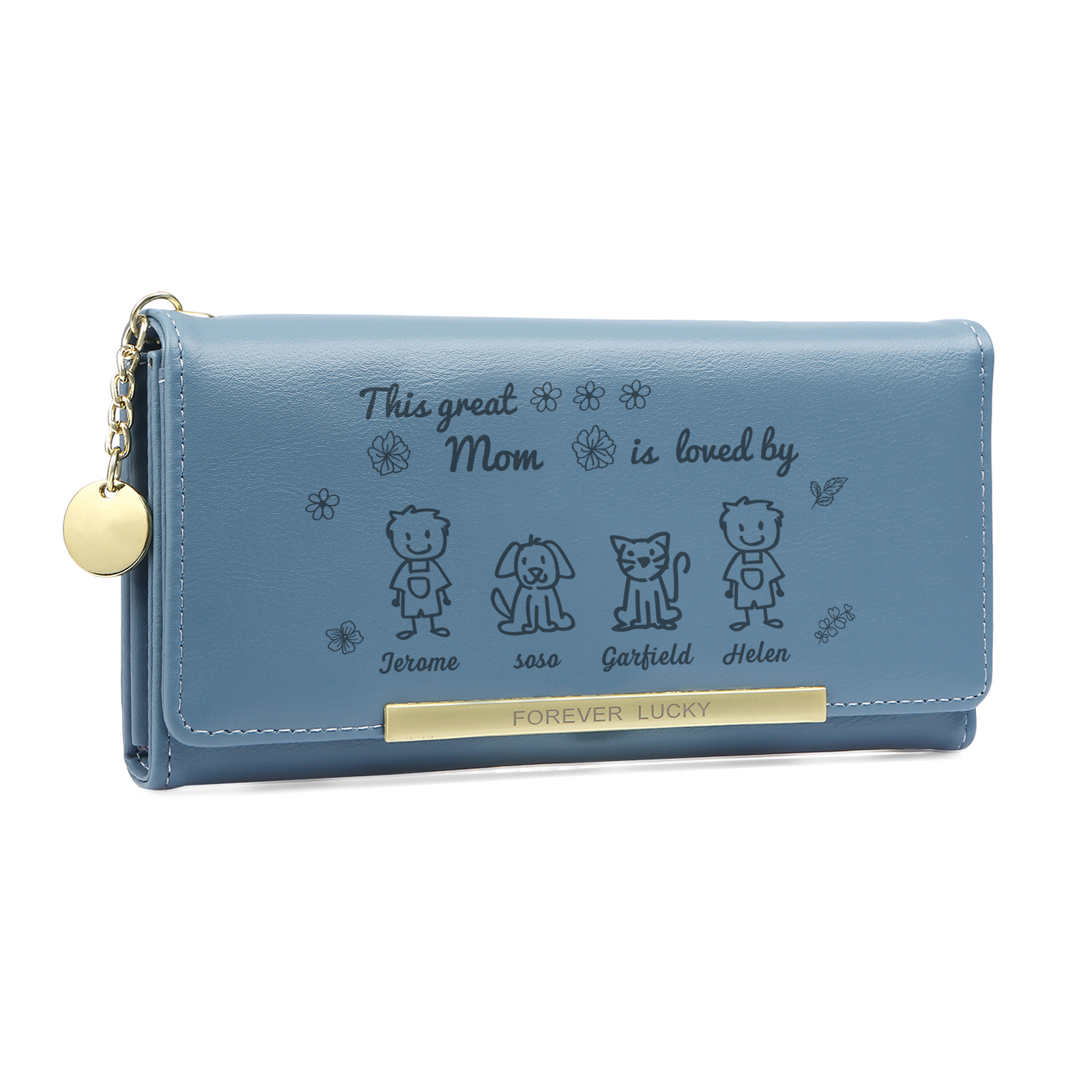Personalized Women Leather Wallet Purse With Custom 4 Kids And Pets Names –“This Great Mom Is Loved By' - Mother's Day Presents For Mom | Lorajewel