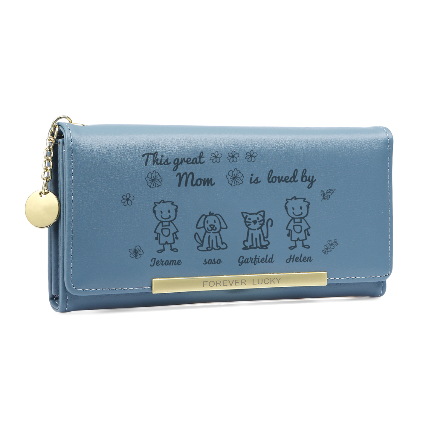 Personalized Women Leather Wallet Purse With Custom 4 Kids And Pets Names –“This Great Mom Is Loved By' - Mother's Day Presents For Mom | Lorajewel