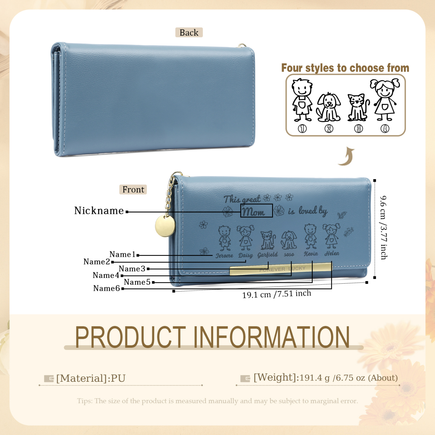 Personalized Women Leather Wallet Purse With Custom 6 Kids And Pets Names –“This Great Mom Is Loved By' - Mother's Day Presents For Mom | Lorajewel