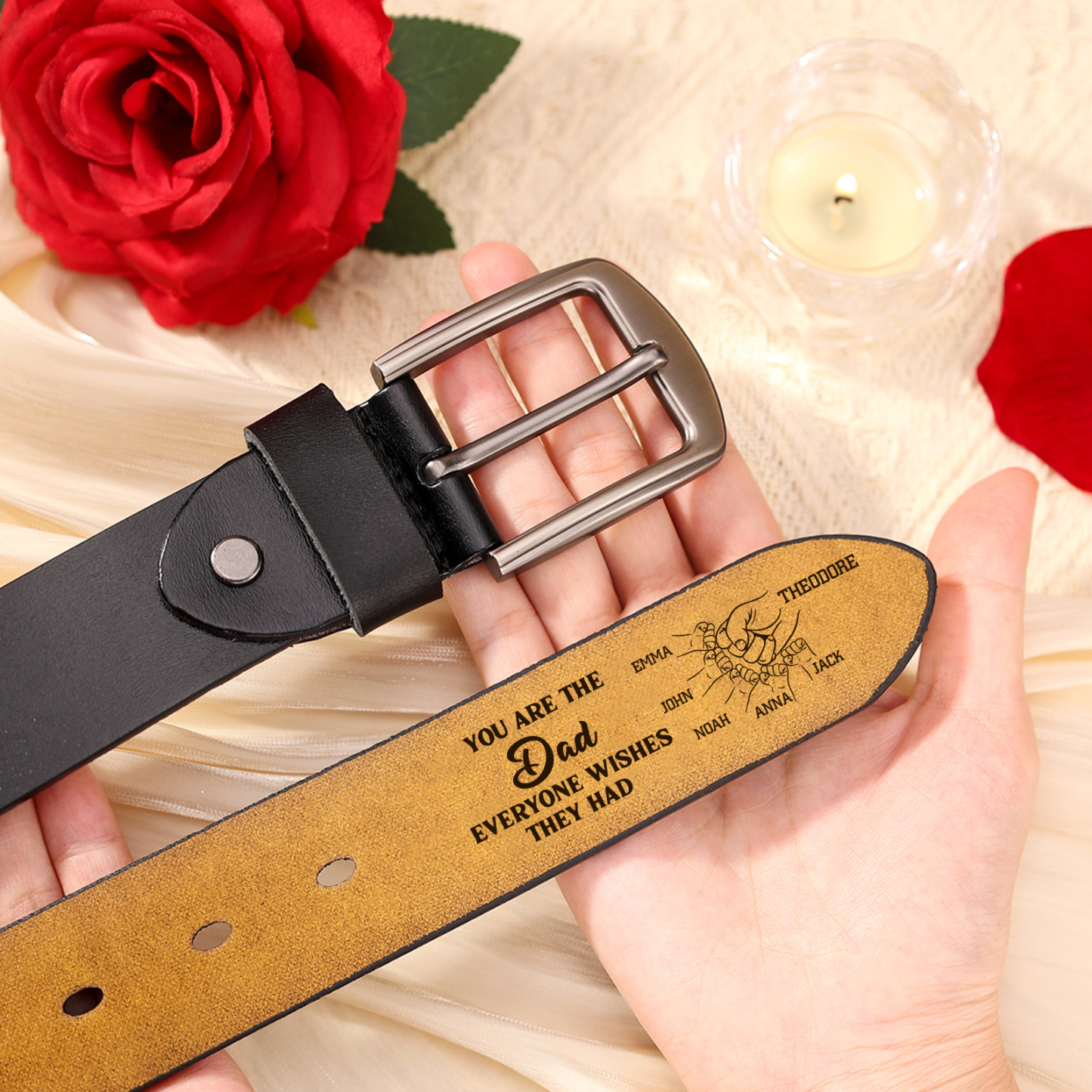 Personalized 6 Names Leather Belt, Custom Adjustable Man Belt Gift for Dad | Lorajewel