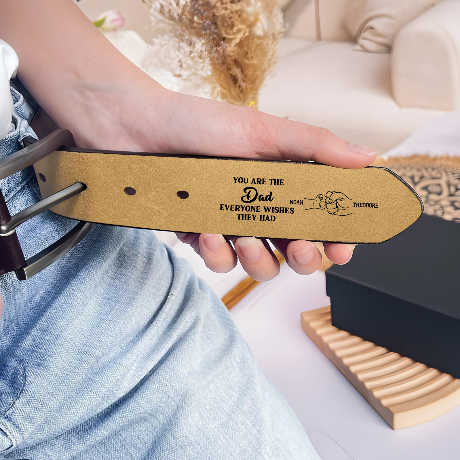 Personalized 2 Names Leather Belt, Custom Adjustable Man Belt Gift for Dad | Lorajewel