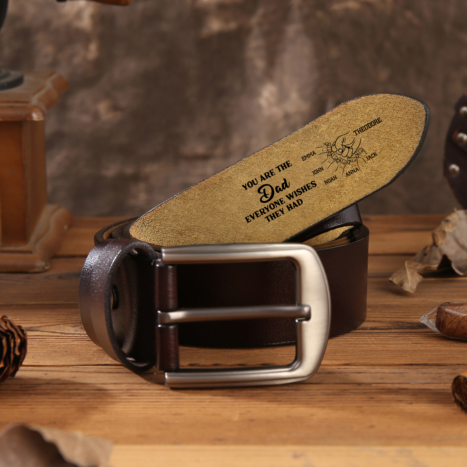 Personalized 6 Names Leather Belt, Custom Adjustable Man Belt Gift for Dad | Lorajewel