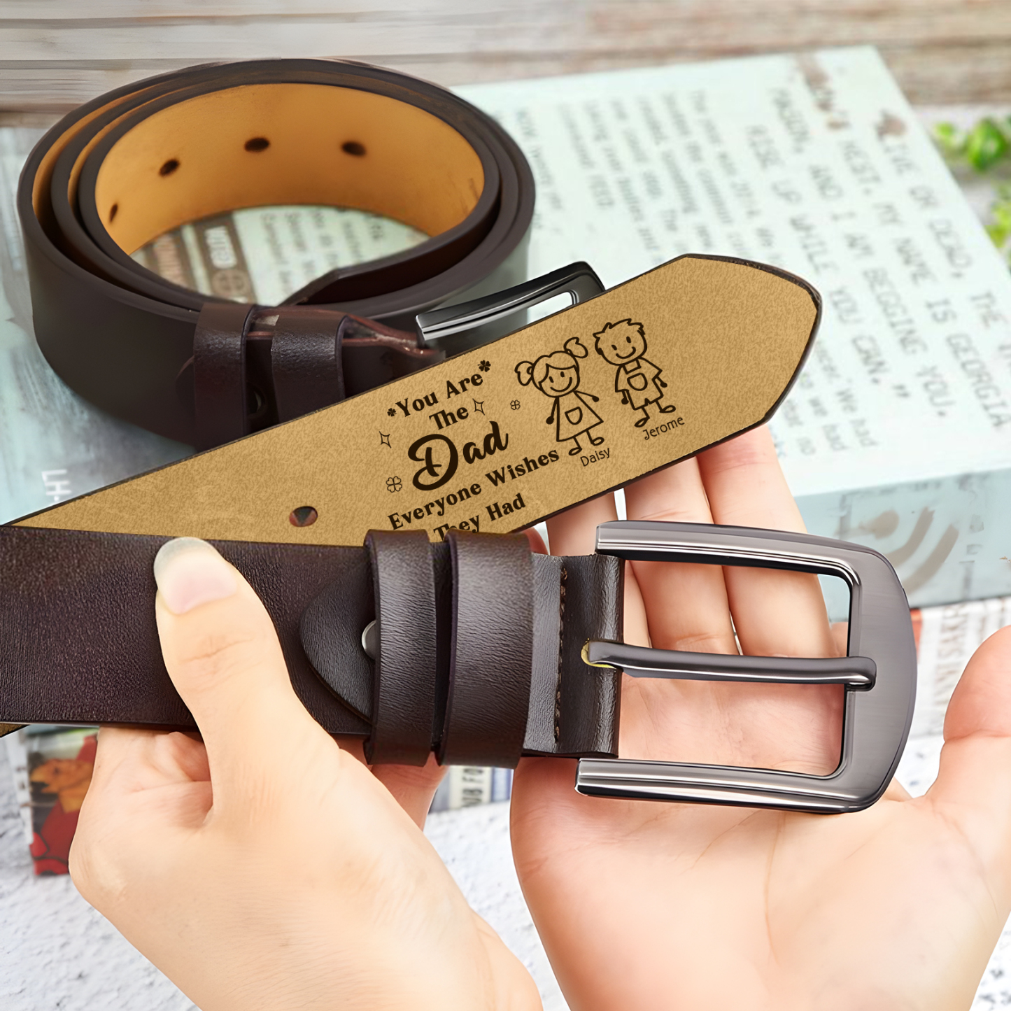 Personalized 2 Names Leather Belt, Custom Adjustable Man Belt Gift for Dad | Lorajewel
